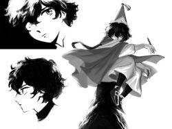  1girl agott_arklaum_(tongari_boushi_no_atelier) cape cloak closed_mouth greyscale hat hat_tassel highres monochrome ppyuuingles qifrey's_atelier_apprentice_uniform short_hair simple_background tassel tongari_boushi_no_atelier white_background 