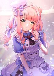  1girl ahoge blue_bow blue_hair bow braid braided_base bun_with_braided_base closed_mouth commentary_request concert curly_hair double_bun dress frilled_wrist_cuffs frills glowstick green_eyes hair_bow hair_bun hat hat_bow kakoimaru laugh_diamond long_hair multicolored_hair penlight_(glowstick) pink_hair shine_post sidelocks solo sparkle twintails white_hat wrist_cuffs yamada_kanon 