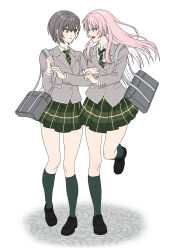  2girls absurdres bag bang_dream! bang_dream!_it's_mygo!!!!! black_shoes brown_eyes chihaya_anon commentary diagonal-striped_clothes diagonal-striped_necktie fang green_necktie green_skirt green_socks grey_eyes grey_hair grey_jacket haneoka_school_uniform highres indoors jacket kneehighs korean_commentary loafers locked_arms long_hair multiple_girls nagseojang necktie open_mouth pink_hair plaid_clothes plaid_skirt pleated_skirt school_uniform shoes short_hair shoulder_bag skin_fang skirt socks standing standing_on_one_leg striped_clothes striped_necktie takamatsu_tomori yuri 