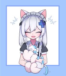  +++ 1girl animal animal_ears animal_hands black_shirt blue_border blush border cat cat_ears cat_girl closed_eyes commentary_request double-parted_bangs enmaided facing_viewer gloves gosegu hair_ornament hh highres holding holding_animal holding_cat kemonomimi_mode long_hair maid maid_headdress open_mouth outside_border paw_gloves shirt short_sleeves smile solo straight-on upper_body virtual_youtuber waktaverse white_background white_hair x_hair_ornament 