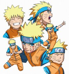  1boy blonde_hair facial_mark flak_jacket forehead_protector highres jacket konohagakure_symbol male_focus naruto_(classic) naruto_(series) orange_jacket orange_pants pants sanda solo spiky_hair uzumaki_naruto whisker_markings 