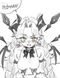  ... 1girl angry bare_shoulders black_bow black_bowtie black_horns blush bow bowtie braid colored_skin covered_navel detached_sleeves dragon_wings earrings forehead from_above highres horns jewelry korean_text long_hair looking_at_viewer looking_up partially_colored pointy_ears samsick simple_background solo speech_bubble trickcal twin_braids v-shaped_eyebrows very_long_hair vivi_(trickcal) white_background white_hair white_skin wings yellow_eyes 