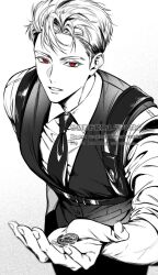  1boy belt bright_pupils coin colored_eyebrows colored_eyelashes covered_pectorals doo_so dress_shirt gwechul holding holding_coin holster large_pectorals leaning_forward lee_jaheon looking_at_viewer male_focus monochrome necktie outstretched_hand pectorals red_eyes shirt short_hair shoulder_holster simple_background slit_pupils solo spot_color tight_clothes vest white_hair white_shirt 