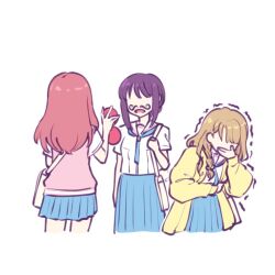  3girls ayatsumugi_roka bag black_hair blue_skirt braid brown_hair cardigan cho_kaguya-hime! commentary compact_(cosmetics) cosmetics covering_own_mouth cropped_legs english_commentary facepaint fake_facial_hair fake_mustache hand_over_own_mouth holding holding_compact isayama_mami jacket long_hair long_sleeves multiple_girls no_eyes open_mouth pink_cardigan pleated_skirt red_hair sailor sakayori_iroha sher_(imnotsher) shirt short_sleeves shoulder_bag simple_background single_braid skirt trembling white_background white_shirt yellow_jacket 