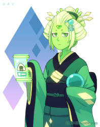  1girl adapted_costume alien alternate_costume animification blonde_hair colored_skin dav-19 food forehead_jewel gem gem_(steven_universe) green_skin japanese_clothes kimono limb_enhancers_(steven_universe) onigiri peridot_(steven_universe) robonoid sardonyx_(steven_universe) solo steven_universe white_eyeshadow 