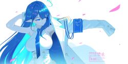  1girl absurdres armband black_hair blue_archive blue_armband blue_eyeliner blue_hair blue_halo blue_necktie breasts coat collared_dress colored_inner_hair dress earrings eyeliner glasses halo highres jewelry large_breasts long_hair makeup multicolored_hair necktie pointy_ears rimless_eyewear rin_(blue_archive) simple_background sleeveless sleeveless_dress solo white_background white_coat yamaharu_(xxzf7284) 
