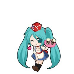  1girl american_flag american_flag_hat american_flag_print apron aqua_eyes black_outline black_socks blue_dress blush brown_shoes chibi chibi_only choker closed_mouth cola detached_sleeves dress drink flag_print food full_body game_asset garrison_cap hair_between_eyes hair_tie hat hatsune_miku hatsune_miku_graphy_collection heart holding holding_tray ice_cream ice_cream_float kneehighs long_hair looking_at_viewer one_eye_closed outline puffy_short_sleeves puffy_sleeves red_choker red_hat shoes short_sleeves smile socks soda solo transparent_background tray twintails very_long_hair vocaloid waist_apron waitress white_apron 