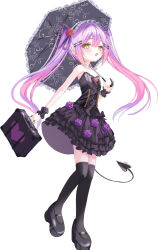  1girl absurdres barbell_piercing bare_shoulders black_dress black_shoes black_thighhighs breasts commentary demon_girl demon_tail detached_collar dress ear_piercing fang flower frilled_hairband frilled_wrist_cuffs frills full_body gothic_lolita green_eyes green_nails hair_flower hair_ornament hairband highres holding holding_suitcase holding_umbrella hololive industrial_piercing leg_up lolita_fashion long_hair looking_at_viewer multicolored_hair multiple_piercings piercing pink_hair platform_shoes purple_hair purple_nails shoes simple_background small_breasts solo spiked_ear_piercing standing standing_on_one_leg strapless strapless_dress suitcase tail tail_ornament tail_piercing takka_(tktk1111111) thigh-highs tokoyami_towa twintails two-tone_hair umbrella virtual_youtuber white_background wrist_cuffs 