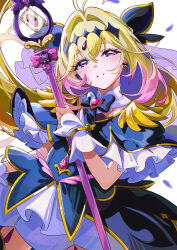  1girl absurdres black_bow blonde_hair blush bow capelet card crossed_bangs cure_arcana_shadow dress earrings frilled_dress frills gem gin_s hair_between_eyes hair_ornament highres holding holding_staff jewelry long_hair looking_at_viewer magical_girl meitantei_precure! multicolored_hair petals pink_hair precure smile solo staff tear_arcana_rod upper_body violet_eyes white_background 