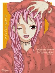  1girl braid braided_ponytail character_name choker clenched_teeth commentary eyelashes eyeshadow hair_tie_on_wrist highres hood lady_shin makeup one_eye_closed one_piece orange_background pink_hair pink_lips rebecca_(one_piece) red_nails sidelocks solo teeth upper_body 