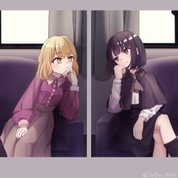 2girls absurdres adapted_costume alternate_costume ascot black_capelet black_hair black_skirt black_socks blonde_hair border brown_eyes brown_skirt buttons capelet collared_capelet collared_shirt commentary_request couch crossed_legs curtains grey_border hand_on_own_chin highres long_hair long_sleeves maribel_hearn medium_hair multiple_girls on_couch purple_shirt shirt shirt_tucked_in sitting skirt socks solo tartea_tartar touhou twitter_username usami_renko white_shirt window yellow_eyes 
