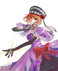  1girl black_bow black_hat blue_eyes blunt_bangs bow capelet commentary_request dress dress_bow elbow_gloves eva_beatrice flower glint gloves hat highres index_finger_raised jewelry looking_at_viewer orange_hair purple_capelet purple_dress red_bow red_flower red_rose ring rose smile umineko_no_naku_koro_ni white_background wushuiguanyehuaqing 