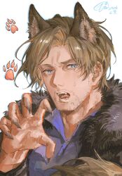  1boy aegyo_sal animal_ears black_jacket blue_eyes blue_shirt claw_pose colored_extremities eva0951120 fangs fingernails fur_trim furrowed_brow highres jacket leon_s._kennedy looking_at_viewer male_focus open_mouth resident_evil resident_evil_requiem sharp_fingernails shirt solo sweatdrop tail upper_body wolf_boy wolf_ears wolf_tail 
