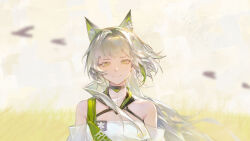  1girl absurdres animal_ear_fluff animal_ears arknights bare_shoulders blurry blurry_background bright_pupils cat_ears cat_girl chinese_commentary closed_mouth commentary_request criss-cross_halter futuantuanzi green_eyes halterneck highres kal'tsit_(arknights) kal'tsit_esperanta_(arknights) long_hair solo straight-on upper_body white_hair 