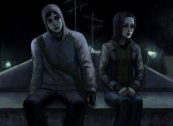  1boy 1girl averting_eyes backlighting bag black_eyes black_gloves black_hair black_jacket black_shirt cry_of_fear dark feet_out_of_frame fingerless_gloves gloves green_sweater grey_hoodie head_tilt hood hood_down hood_up hooded_sweater hoodie jacket looking_to_the_side mr_nosokk night outdoors shirt short_hair shoulder_bag simon_henriksson sitting sophie_(cry_of_fear) sweater 