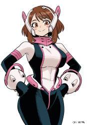  1girl absurdres black_bodysuit black_gloves bodysuit breasts brown_eyes brown_hair covered_abs cowboy_shot fingerless_gloves gegegekman gloves hair_between_eyes hands_on_own_hips headpiece highres large_breasts looking_at_viewer medium_hair multicolored_bodysuit parted_lips sidelocks simple_background solo standing swept_bangs white_background white_bodysuit 