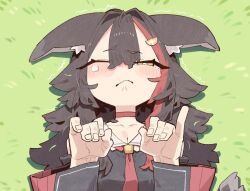  1girl animal_ear_fluff animal_ears black_hair black_sailor_collar closed_mouth cocomayo29_(tomato) grass hololive looking_at_viewer necktie one_eye_closed ookami_mio sailor_collar solo upper_body wolf_ears wolf_girl 