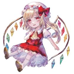  1girl ascot blonde_hair bow brown_shoes chibi chibi_only collared_shirt commentary_request crystal crystal_wings fang flandre_scarlet frilled_shirt_collar frilled_skirt frills full_body hat hat_bow looking_at_viewer mob_cap multicolored_wings one_side_up open_mouth puffy_short_sleeves puffy_sleeves red_bow red_eyes red_skirt red_vest shirt shoes short_sleeves skirt skirt_set smile socks solo suzushina touhou vest white_hat white_shirt white_socks wings yellow_ascot 