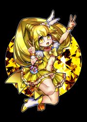  1girl black_background blonde_hair boots bow commentary_request cure_peace double_v dress earrings english_commentary high_heel_boots high_heels jewelry kise_yayoi magical_girl mixed-language_commentary open_mouth precure senmu_(0107) simple_background smile smile_precure! solo two-tone_bow v wrist_cuffs yellow_bow yellow_eyes 
