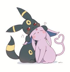  animal_focus black_fur blush closed_eyes closed_mouth colored_sclera commentary_request emofuru_(vktd5442) espeon flying_sweatdrops forehead_jewel forked_tail gem heart no_humans parted_lips pokemon pokemon_(creature) pokemon_focus purple_fur red_gem red_sclera simple_background smile tail umbreon white_background 