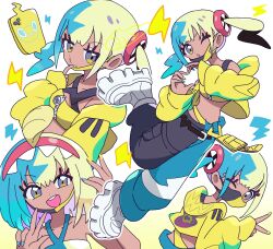  1girl :d :o alternate_hairstyle aqua_hair aqua_pants bandeau black_mask black_pants blonde_hair blue_nails canari_(pokemon) commentary_request dark-skinned_female dark_skin full_body grey_eyes hair_down hairband highres jacket looking_at_viewer mask mask_pull mouth_mask multicolored_hair multiple_views one_eye_closed open_mouth pants pokemon pokemon_legends:_z-a red_hairband shoes short_twintails simple_background smile solo split-color_clothes split-color_hair standing twintails two-tone_hair two-tone_mask two-tone_pants upper_body white_background white_shoes yellow_bandeau yellow_jacket yellow_mask yellow_nails yoshishi_(yosisitoho) 