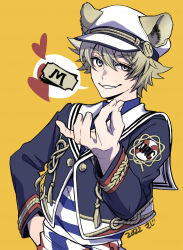  1boy blonde_hair blue_jacket commentary_request cropped_jacket ears_through_headwear grey_eyes hand_on_own_hip hand_up hat highres hyena_boy hyena_ears jacket kiosque looking_at_viewer male_focus ruggie_bucchi ruggie_bucchi_(port_wear) sailor sailor_hat short_hair simple_background solo twisted_wonderland upper_body yellow_background 