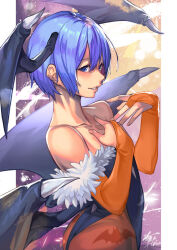  1girl alternate_color animal_print ass bare_shoulders bat_print bat_wings black_leotard blue_eyes blue_hair blush breasts bridal_gauntlets clothing_cutout collarbone darkstalkers demon_girl demon_wings feather_trim flat_chest from_side fur_trim gloves hair_between_eyes hand_on_own_chest hands_on_own_chest head_wings highleg highleg_leotard hinoru_saikusa leotard lilith_(darkstalkers) lips looking_at_viewer low_wings orange_gloves pantyhose parted_lips print_pantyhose purple_hair purple_pantyhose short_hair smile solo strapless strapless_leotard wings 