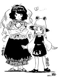  2girls animal_print bug butterfly closed_mouth commentary dated frog_print full_body greyscale hair_ribbon hat highres kokechankokko layered_sleeves long_hair long_sleeves looking_at_viewer monochrome moriya_suwako multiple_girls ribbon rope sandals shimenawa shoes short_over_long_sleeves short_sleeves skirt smile touhou translated tress_ribbon vest wide_sleeves yasaka_kanako 