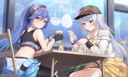  2girls absurdres azur_lane bare_shoulders baseball_cap black_gloves blue_eyes blue_hair blue_jacket breasts clothes_around_waist collarbone commentary crop_top cup denim denim_shorts disposable_coffee_cup disposable_cup english_commentary enterprise_(anniversary_ride)_(azur_lane) enterprise_(azur_lane) essex_(a_trip_down_route_66)_(azur_lane) essex_(azur_lane) eyewear_on_headwear gloves hat headband highres holding holding_cup holding_phone jacket jacket_around_waist knee_pads kyl490 light_blush long_hair long_sleeves looking_at_object looking_at_viewer medium_breasts multiple_girls official_alternate_costume phone ponytail shirt shorts sitting sunglasses white_hair white_shirt yellow_eyes yellow_jacket 