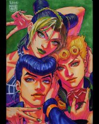  1girl 2026 2boys asymmetrical_bangs big_hair black_jacket blonde_hair blue_coat blue_eyes blue_hair blue_shirt bracelet braid braided_ponytail bun_with_braided_base closed_mouth coat commentary cone_hair_bun diamond_wa_kudakenai double_bun double_v earrings english_commentary eyeshadow family flower giorno_giovanna green_background green_eyes green_eyeshadow green_hair green_lips green_nails hair_bun halterneck hand_on_own_cheek hand_on_own_face higashikata_josuke high_collar highres holding holding_flower jacket jewelry jojo_no_kimyou_na_bouken kujo_jolyne long_hair long_sleeves looking_at_viewer makeup marker_(medium) maya_panda multicolored_hair multiple_boys orange_lips parted_bangs photo_(medium) pompadour red_flower red_rose rose school_uniform shirt signature smile spider_web_print stone_ocean stud_earrings traditional_media two-tone_hair v vento_aureo victory_rolls 