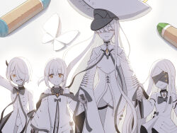  4girls bandaged_hand bandages black_mask black_ribbon blindfold blue_archive breasts colored_skin covered_eyes ein_(blue_archive) extra_pupils hair_over_one_eye halo hanma_amnah highres holding_hands large_hat long_hair malkuth_(blue_archive) mask mechanical_hands multiple_girls ohr_(blue_archive) respirator ribbon short_hair small_breasts smile sof_(blue_archive) symbol-shaped_pupils triplets very_long_hair white_hair white_skin x-shaped_pupils yellow_eyes yellow_halo 