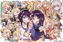 1girl 2girls 3girls 4girls 5girls 6+girls ? anger_vein animal_ears arrow_(symbol) baby belt_collar black_hair blonde_hair blue_eyes blush chibi cho_kaguya-hime! closed_eyes collar commentary_request crescent crescent_hair_ornament crying eyeliner flying_sweatdrops forehead_jewel fox_ears fushi_(cho_kaguya-hime!) green_eyes hair_ornament hair_rings headphones highres holding holding_hands holding_weapon inudoge kaguya_(cho_kaguya-hime!) llllwewewe long_hair lop_rabbit_ears makeup multicolored_hair multiple_girls nail_polish pout rabbit_ears red_eyeliner red_eyes runami_yachiyo sakayori_iroha school_uniform short_hair smile twintails two-tone_hair very_long_hair weapon white_hair