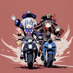 ah_san genshin_impact hu_tao_(genshin_impact) long_hair motorcycle multiple_girls qiqi_(genshin_impact) short_hair