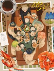  2boys 4girls age_difference agott_arklaum_(tongari_boushi_no_atelier) asdfjklx black_hair blue_eyes blue_hair blush bread bread_knife bread_slice breakfast brushbuddy butter child coco_(tongari_boushi_no_atelier) creature facial_hair fish fish_(food) flower food fried_egg glasses green_hair happy highres long_hair multiple_boys multiple_girls olruggio_(tongari_boushi_no_atelier) petting pink_eyes pink_hair plate qifrey_(tongari_boushi_no_atelier) richeh_(tongari_boushi_no_atelier) salad sashimi shadow short_hair spoon tea tetia_(tongari_boushi_no_atelier) tongari_boushi_no_atelier tunic twintails white_hair 