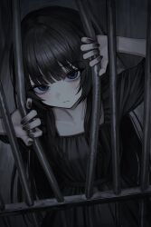  1girl bags_under_eyes behind_bars black_dress black_hair black_nails blue_eyes dress expressionless highres holding_bars iron_bars long_hair looking_at_viewer nail_polish original pale_skin sakiika0513 solo upper_body 