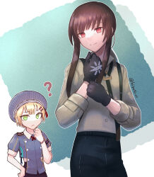  2girls ? black_gloves black_pants bracelet brown_hair gloves green_eyes hair_ornament hairpin hat heaven_burns_red highres jewelry long_hair maruyama_kanata multiple_girls pants red_eyes short_hair spoken_question_mark suspenders toyatopa yanagi_mion 
