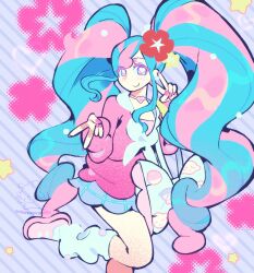  1girl absurdres bag blue_hair blue_skirt cardigan chocoyvanilla choker fairy_miku_(project_voltage) flower hair_flower hair_ornament hatsune_miku heart heart_choker heart_in_eye highres leg_warmers long_hair long_sleeves looking_at_viewer multicolored_hair neckerchief pink_cardigan pink_choker pink_eyes pink_hair pink_nails pink_shoes pokemon project_voltage red_flower shoes simple_background skirt solo standing symbol_in_eye twintails two-tone_hair upper_body v vocaloid white_bag white_leg_warmers white_neckerchief yellow_flower 