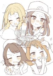  4girls :d ? ?? blonde_hair blush bow_hairband bracelet closed_eyes commentary eyelashes gloria_(pokemon) grey_eyes hairband hands_up hat highres holding holding_unworn_clothes holding_unworn_hat jewelry leaf_(pokemon) lillie_(pokemon) may_(pokemon) multiple_girls open_mouth pokemon pokemon_firered_and_leafgreen pokemon_omega_ruby_and_alpha_sapphire pokemon_sun_and_moon pokemon_sword_and_shield shirt sleeveless sleeveless_shirt smile sparkle sumeragi1101 sweat sweatdrop unworn_hat unworn_headwear watermark 