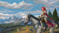  1boy 3girls armor blue_hair brown_hair clouds cloudy_sky commentary elincia_ridell_crimea english_commentary field fire_emblem fire_emblem:_path_of_radiance flower flower_field green_eyes green_hair halberd highres holding holding_polearm holding_reins holding_weapon horse horseback_riding ike_(fire_emblem) lips long_hair mist_(fire_emblem) mountainous_horizon multiple_girls outdoors pine_tree polearm red_hair reins riding short_hair sky solo_focus titania_(fire_emblem) tree very_long_hair weapon yagaminoue 