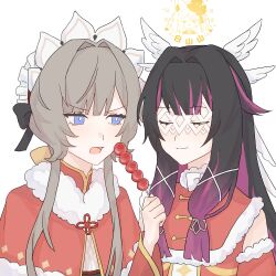  2girls baeksansan chinese_new_year columbina_(genshin_impact) commentary_request food genshin_impact head_wings highres holding holding_food multiple_girls sandrone_(genshin_impact) watermark white_background white_wings wings yuri 