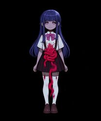  1girl :3 arms_at_sides black_background black_skirt blood blood_on_clothes blood_splatter blood_stain blue_hair body_horror brown_shoes collared_shirt disembowelment empty_eyes facing_viewer furude_rika guro higurashi_no_naku_koro_ni horror_(theme) intestines long_hair long_sidelocks neck_ribbon organs pantyhose purple_ribbon ribbon sashagaier shirt shoes sidelocks skirt solo standing stomach_(organ) straight-on violet_eyes white_pantyhose white_shirt 