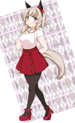  1girl animal_ears black_hairband black_pantyhose blush bow breasts casual closed_mouth curren_chan_(casual)_(umamusume) curren_chan_(umamusume) ear_bow ear_covers fishnet_pantyhose fishnets grey_hair hairband heart heart_necklace highres horse_ears horse_girl horse_tail ishimori_sakana jewelry long_sleeves looking_at_viewer medium_breasts necklace pantyhose red_bow red_shoes red_skirt see-through_clothes see-through_sleeves shirt shoes short_hair skirt smile solo sweater tail umamusume violet_eyes white_sweater 