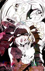  1girl 2boys angry celestia_ludenberg clenched_teeth commentary crying crying_with_eyes_open danganronpa:_trigger_happy_havoc danganronpa_(series) drill_hair earrings fingernails flaming_eyes frills glasses hair_ribbon hammer headdress holding holding_hammer holding_weapon index_finger_raised ishida_(danganronpa) ishimaru_kiyotaka jewelry long_hair long_sleeves mitsumame0810 multiple_boys neck_ribbon nostrils open_mouth ribbon round_eyewear short_hair spoilers sweat tears teeth third-party_source twin_drills twintails upper_teeth_only weapon yamada_hifumi 