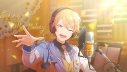  1boy :d black_shirt blonde_hair blurry blurry_background coat collared_shirt colorful_palette depth_of_field dot_nose double-parted_bangs english_text game_asset gem gradient_hair hair_between_eyes hand_up happy happy_birthday headphones highres indoors lapels light_particles long_sleeves looking_at_viewer male_focus microphone multicolored_eyes multicolored_hair musical_note necktie official_art one_eye_closed open_mouth orange_eyes orange_hair orange_vest project_sekai shirt sidelighting smile solo standing striped_clothes striped_vest studio_microphone teeth tenma_tsukasa third-party_source tongue triangle two-tone_eyes two-tone_vest upper_teeth_only v-shaped_eyebrows vest white_coat white_necktie yellow_eyes yellow_gem yellow_vest 