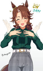  1girl :d ^_^ absurdres afterimage animal_ears belt belt_buckle blush bow brown_hair buckle chokin_tsucho closed_eyes collared_shirt commentary_request cum cum_on_body dress_shirt facial green_bow green_shirt grey_pants hair_between_eyes highres horse_ears horse_girl horse_tail long_hair long_sleeves mejiro_palmer_(casual)_(umamusume) mejiro_palmer_(umamusume) multicolored_hair pants parted_bangs puffy_long_sleeves puffy_sleeves shirt short_eyebrows simple_background smile solo streaked_hair tail thick_eyebrows translation_request twitter_username umamusume white_background white_belt white_hair 