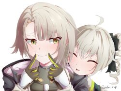  2girls absurdres black_jacket black_ribbon blush brown_hair drill_hair english_commentary facing_viewer fingersmile forced_smile girls'_frontline_2:_exilium girls_frontline gloves hair_between_eyes hair_ornament hair_over_one_eye hair_ribbon hairclip happy highres jacket medium_hair multiple_girls open_mouth pout pp-90_(girls'_frontline) ribbon ruchey_(girls'_frontline_2) smile twin_drills twintails upper_body wingscarbon yellow_eyes 