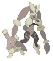  1girl animal_ears avocado_539 black_eyes black_sclera brown_fur buneary colored_sclera full_body furry furry_female highres hiphighs looking_to_the_side lopunny mega_lopunny mega_pokemon pawpads pink_eyes pokemon pokemon_(creature) rabbit rabbit_ears rabbit_girl rabbit_tail simple_background standing tail torn_clothes torn_hiphighs two-tone_fur white_background yellow_fur 