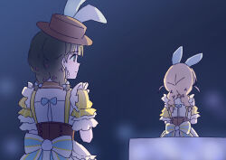  2girls 6th_live_dream_~bloom_garden_party~ animal_ear_headwear animal_ears back_bow blue_bow bow braid commentary dress frilled_sleeves frills fushigi_to_kimi_to_library green_eyes highres hinoshita_kaho kanazawa_one-side_love long_hair looking_at_another love_live! love_live!_hasu_no_sora_jogakuin_school_idol_club low_twin_braids medium_hair momose_ginko multiple_girls nogreen orange_hair pinstripe_dress pinstripe_pattern puffy_short_sleeves puffy_sleeves rabbit_ears short_sleeves striped_bow twin_braids two_side_up yellow_dress 