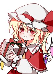  1girl ascot blonde_hair blush box capelet christmas closed_mouth collared_shirt commentary_request crystal crystal_wings flandre_scarlet frilled_shirt_collar frills gift gift_box hat hat_ribbon highres holding holding_gift illust_atelier3 looking_at_viewer mob_cap multicolored_wings one-hour_drawing_challenge one_side_up red_capelet red_eyes red_skirt red_vest ribbon shirt simple_background skirt skirt_set smile solo touhou vest white_background white_hat white_shirt wings yellow_ascot 