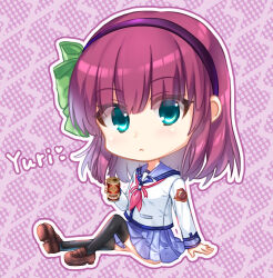  1girl angel_beats! aqua_eyes arm_at_side black_thighhighs blue_sailor_collar blue_skirt blunt_bangs bow brown_shoes can canned_coffee character_name chibi chibi_only closed_mouth commentary_request drink_can emblem eyes_visible_through_hair frown full_body green_bow hair_between_eyes hair_bow hairband hand_up heart highres holding holding_can key_coffee_(meme) knee_up light_blush loafers long_sleeves medium_hair meme miniskirt nakamura_yuri neckerchief outline pink_neckerchief pleated_skirt purple_hair purple_hairband sailor_collar sailor_shirt shinda_sekai_sensen_uniform shirt shoe_soles shoes sitting skirt solo straight_hair thigh-highs white_outline white_shirt zuzuhashi 